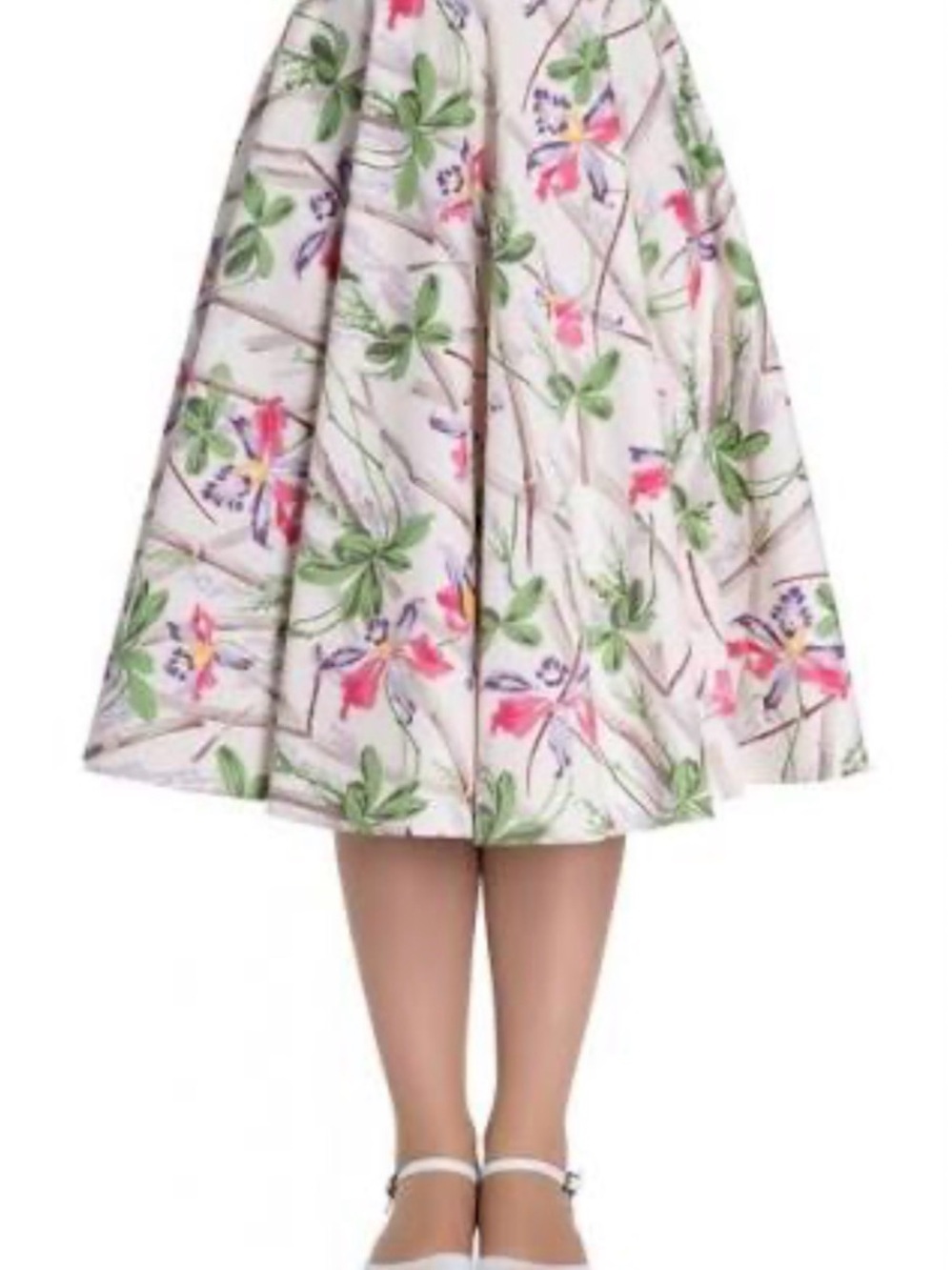 Floral A-Line Midi Skirt in Cream and Green